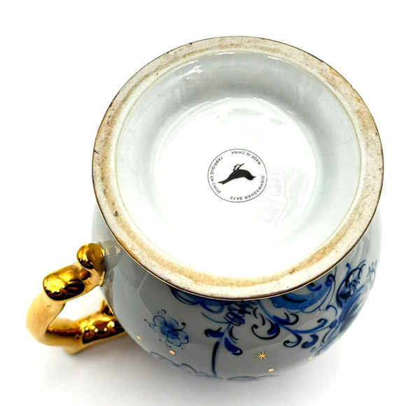 ANTHROPOLOGIE Fancy White Blue 21k Gold trim Floral Pitcher Vase. 8" inches tall - Picture 4 of 7